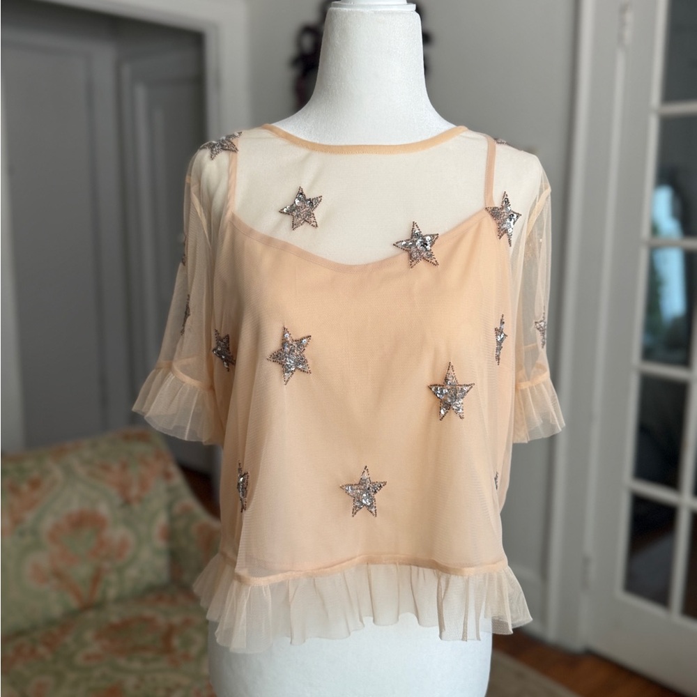 Show Me Your MuMu Tan Ruffled Embellished Crop Blouse